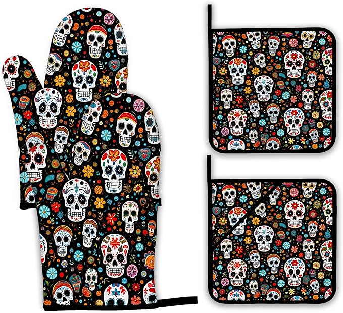 Day of The Dead Skull Mexican Oven Mitts and Pot Holders Set,Flower Kitchen Decor Heat Resistant Non Slip Hot Pads and Oven Mitt for Chef Cooking Baking BBQ Mom Girl Gifts(4 Piece Set)