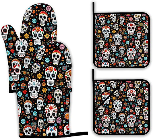 Day of The Dead Skull Mexican Oven Mitts and Pot Holders Set,Flower Kitchen Decor Heat Resistant Non Slip Hot Pads and Oven Mitt for Chef Cooking Baking BBQ Mom Girl Gifts(4 Piece Set)