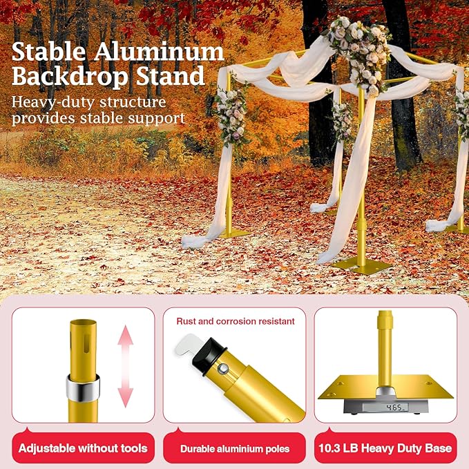 EMART 10ft Square Backdrop Stand Heavy Duty, Pipe and Drape Photo Background Support Kit, Adjustable Metal Frame with Flat Base for Wedding Birthday Party Decorations-Gold
