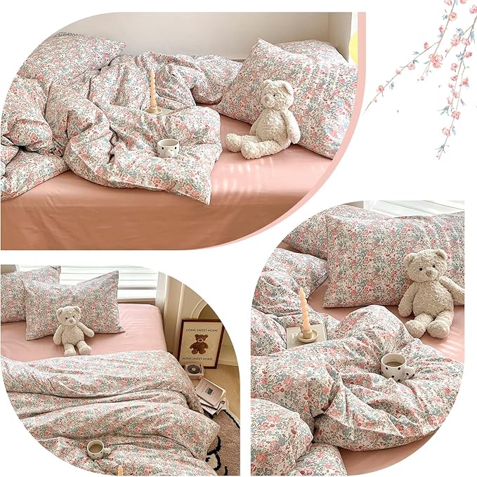 LIFETB Boho Floral Duvet Cover King Soft Cotton Aesthetic Bedding Sets French Style Pink Blue Flower Branches Chic Shabby Garden Comforter Botanical Size King(104/ inchsx90/ inchs)