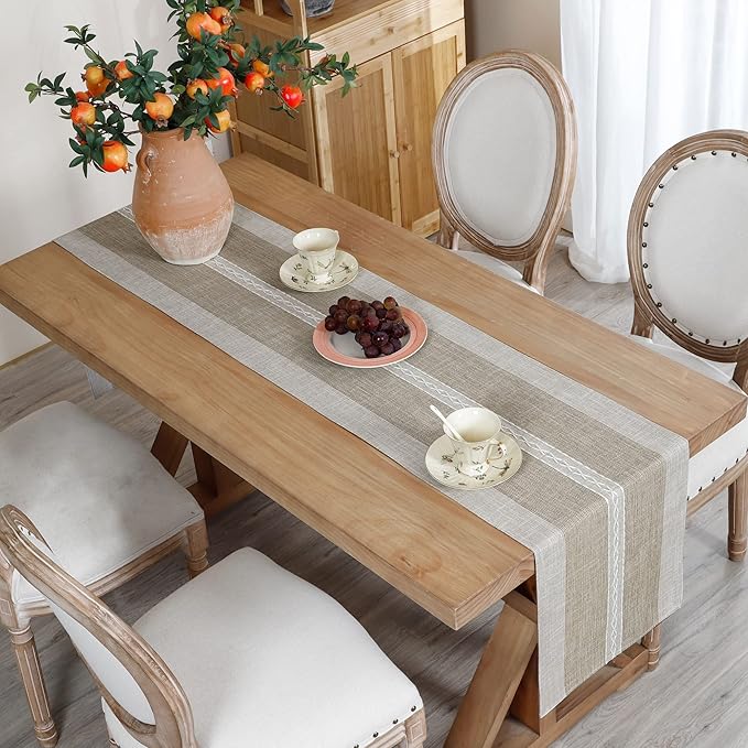 Farmhouse Braided Striped Table Runner Rustic Embroidery Coffee Table Runners for Decorations Weddings Holiday Brown 13x48inch
