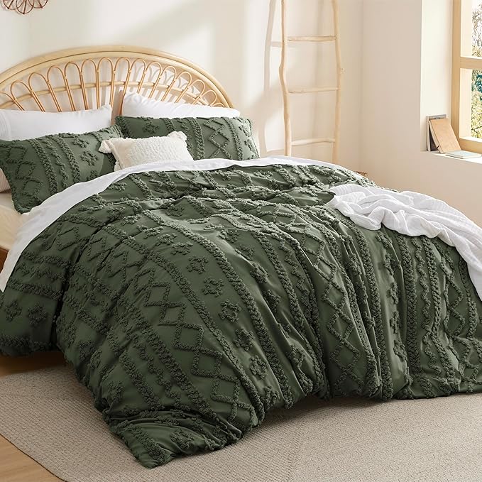 Bedsure Boho Duvet Cover Queen Size, Soft & Comfortable Elegant Design Boho Bedding for Decoration, Machine Washable Comforter Cover for All Seasons,Includes 1 Duvet Cover & 2 Pillow Shams,Olive Green