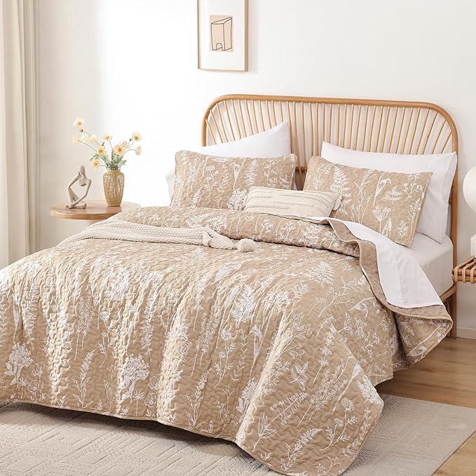 JANZAA Quilts Queen Size Taupe Quilt Botanical with Floral Pattern Microfiber Bedspreads Queen Size 3 Pieces Lightweight Comforter Reversible Bedding Set with 2 Pillow Cases