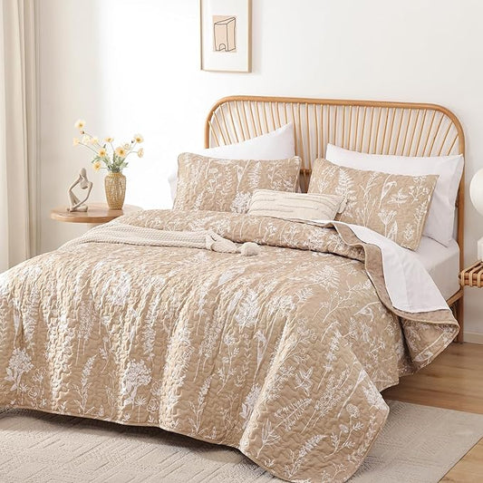 JANZAA Quilts Queen Size Taupe Quilt Botanical with Floral Pattern Microfiber Bedspreads Queen Size 3 Pieces Lightweight Comforter Reversible Bedding Set with 2 Pillow Cases