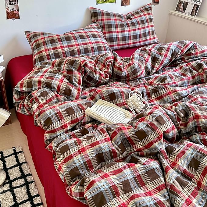 LifeTB Vintage Buffalo Plaid Comforter Set Twin XL, 3 Pieces Red Brown Grid Checkered Comforter with 2 Pillowcases, Breathable Soft Farmhouse Grid Pattern Printed Plaid Gingham Bedding Comforter Set