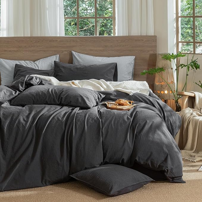 MooMee Wavy Striped Duvet Cover Set 100% Washed Cotton Linen Like Textured Breathable Durable Soft Comfy (Charocal Grey, Super Queen 90"x98")