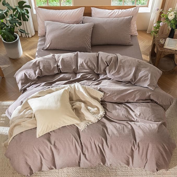 MooMee Bedding Duvet Cover Set 100% Washed Cotton Linen Like Textured Breathable Durable Soft Comfy (Heathered Mauve Brown, Queen 90"x90")