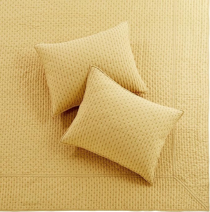 Levtex Home Cross Stitch Reversible Twin Bedspread Set (84x104in) with 1 Pillow Sham (26x20in) - Stitch Texture - Ochre - Cotton Twin Size Bedspread Set - Lightweight, Soft, Pre-Washed