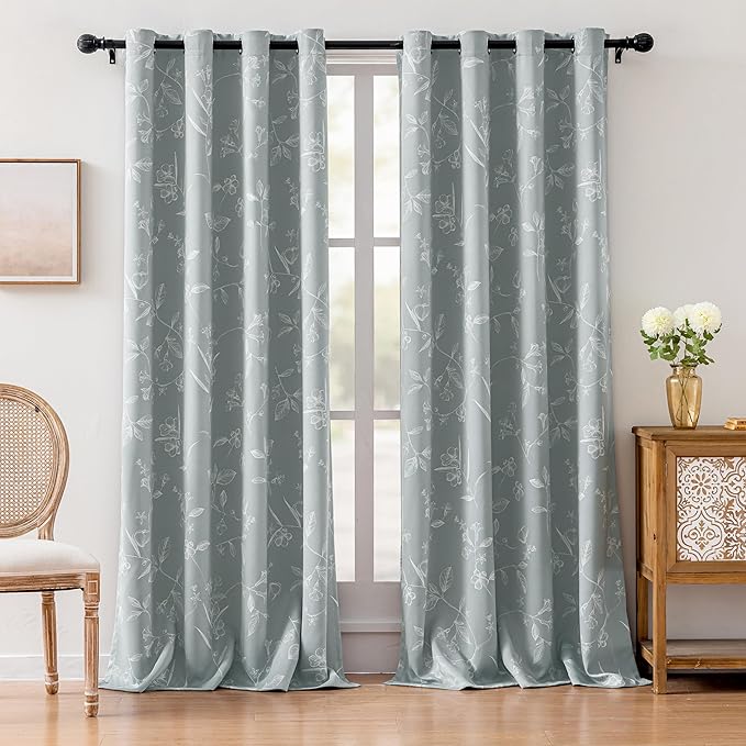 ChrisDowa Grey 100% Blackout Floral Curtains 96 Inches Long 2 Panels for Bedroom Living Room White Flower Patterned Room Darkening Thermal Insulated Soundproof Grommet Window Treatments Drapes,52X96