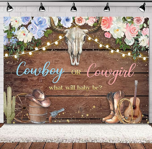 SVBright Cowboy or Cowgirl Gender Reveal Backdrop 7Wx5H Western What Will Baby Be Rustic Wooden Floral Cactus Hat Boots Country Baby Shower Decorations Photography Background Banner Photo Booth Studio