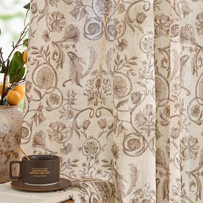 jinchan Linen Floral Curtains for Living Room with Printed Flower 96 Inches Long Light Filtering Farmhouse Window Treatment Vintage Drapes Back Tab Rod Pocket 2 Panels Taupe on Beige