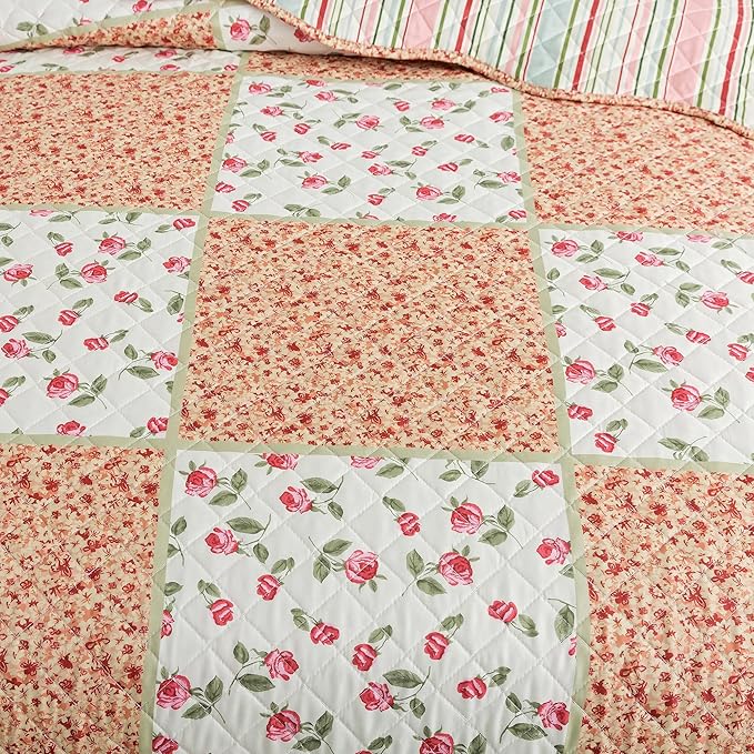 HoneiLife Queen Size Quilt Sets - Microfiber Quilt Set 3-Piece,Lightweight Bedspreads Reversible Coverlets Retro Bed Cover Floral Bedding Set, Queen Quilt Bedding Sets for All Season Use