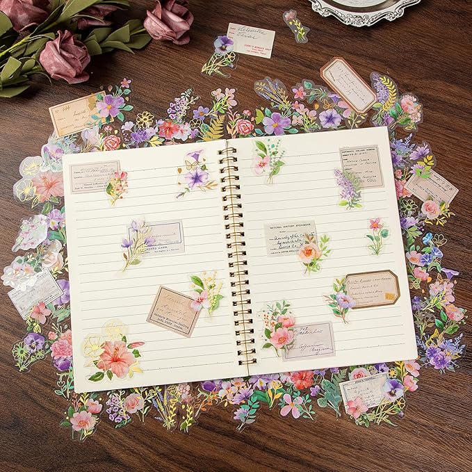 240Pcs Transparent Flower Stickers, Cute Vintage Floral Sticker for Kids, Clear Wildflower Stickers for Water Bottles, Scrapbooking, Card Making, Crafts, Laptop