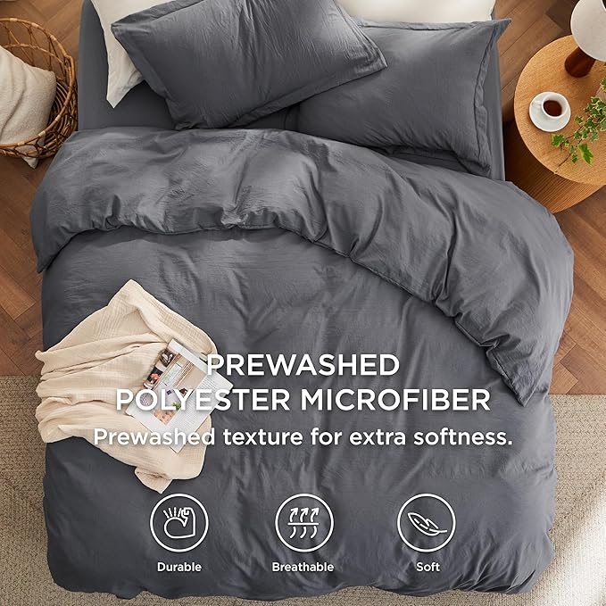 Bedsure Duvet Cover Full Size with Fitted Sheet - 4 Pieces Prewashed Cotton-Like Extra Soft Bedding Set, Includes 1 Duvet Cover 80x90 Inches, 2 Pillow Shams, 1 Fitted Sheet, Dark Grey
