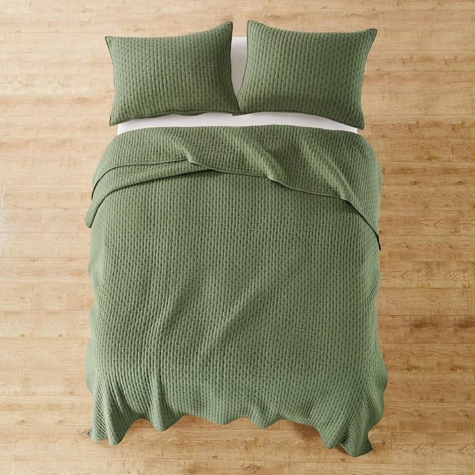 Levtex Home Cross Stitch Reversible Queen Bedspread Set (104x106in) with 2 Pillow Shams (26x20in) - Stitch Texture - Forest Green - Cotton Queen Size Bedspread Set - Lightweight, Soft, Pre-Washed