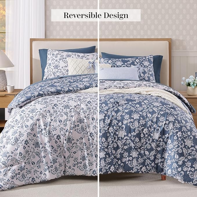 King Comforter Set -7 Pieces Floral Oxford Blue Comforter Set for All Seasons, Bed in a Bag King with Botanical Flowers Comforter, Sheets, Pillowcases & Shams