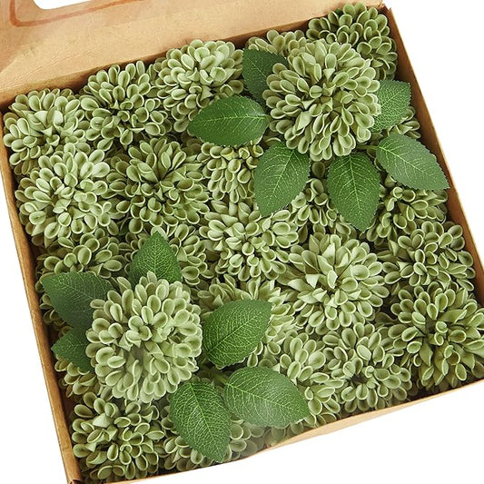 Artificial Flowers, 25pcs Artificial Rose for DIY Wedding Bouquets Centerpieces Arrangements, Elf Green Dahlia Flowers with Stem for Bridal Shower Party Home Decorations