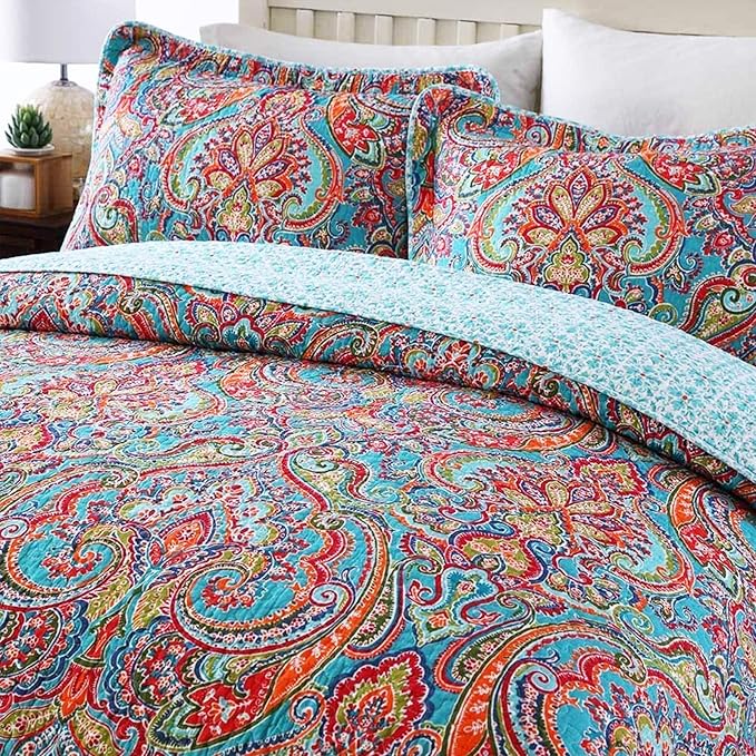 Travan 3-Piece Bedspread Quilt Set Oversized Quilted Bedding Reversible Cotton Coverlet Set with Shams, Gorgeous Floral Pattern, King Size