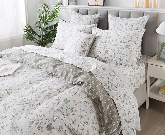 FADFAY Duvet Cover Set Colorful Butterfly Bedding Vintage Botanical Comforter Cover Set Shabby Branches Bedding 100% Cotton Soft Quilt Cover with Hidden Zipper Closure 3Pcs, King/California King Size