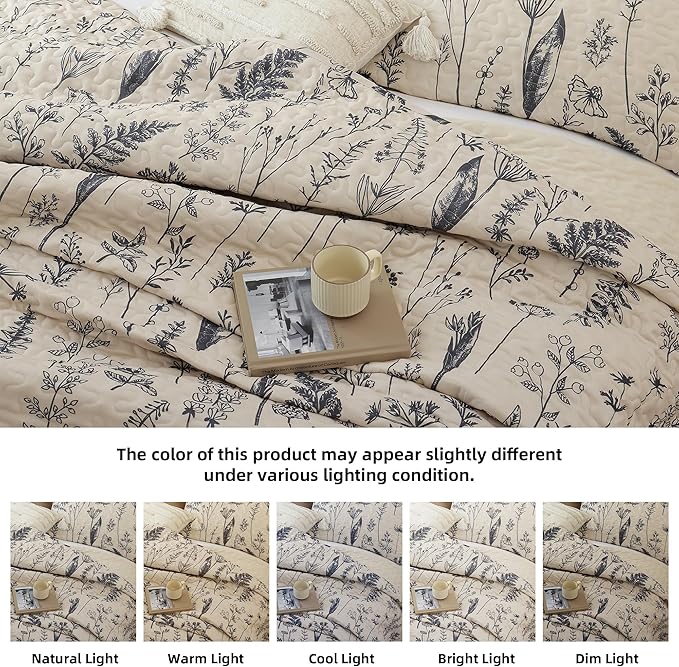JANZAA Twin Quilt Beige Quilt Bed Spread Boho Quilt with Floral Pattern Microfiber Quilts Set 2 Pieces Lightweight Comforter Reversible Bedding Set,1Quilt 66x90 inches,1 Pillowcase