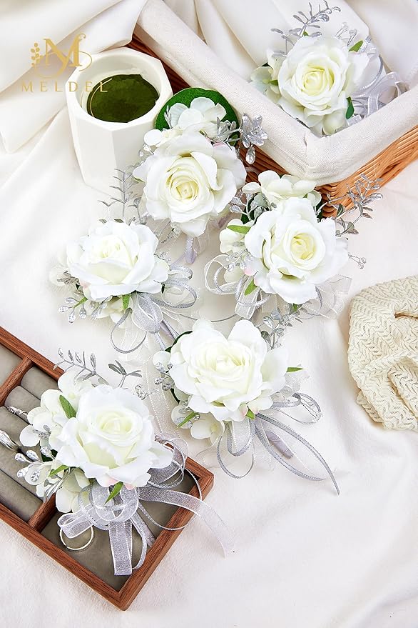 Meldel White Boutonniere for Men, Set of 6, Groom Groomsman Boutonnieres for Wedding, Suit Flower Silver Rose Corsage for Prom Graduation Ceremony Engagement Anniversary