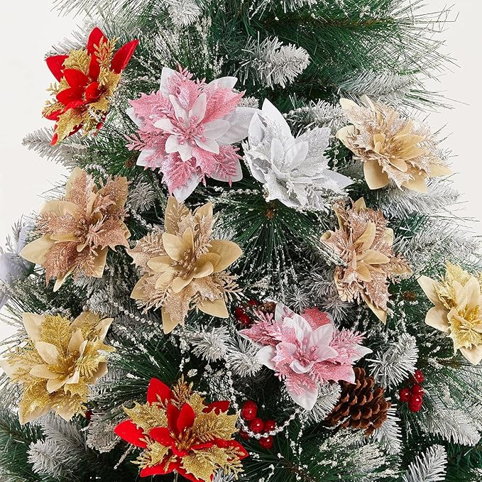 Zhuqing 15Pcs Christmas Poinsettia Artificial Flowers Decorations, Glitter Poinsettia Christmas Tree Ornaments, Red Tree Flowers for Xmas/Party/Holiday/Wreath/Garland Decor, with Cilps, 5.5 Inch