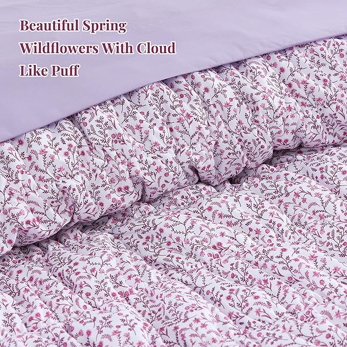 Full Size Comforter Sets - 7 Pieces Puff Light Purple Floral Bedding Set for All Seasons, Shabby Chic Farmhouse Bed in a Bag Full with Floral Comforter, Sheets, Pillowcases & Shams