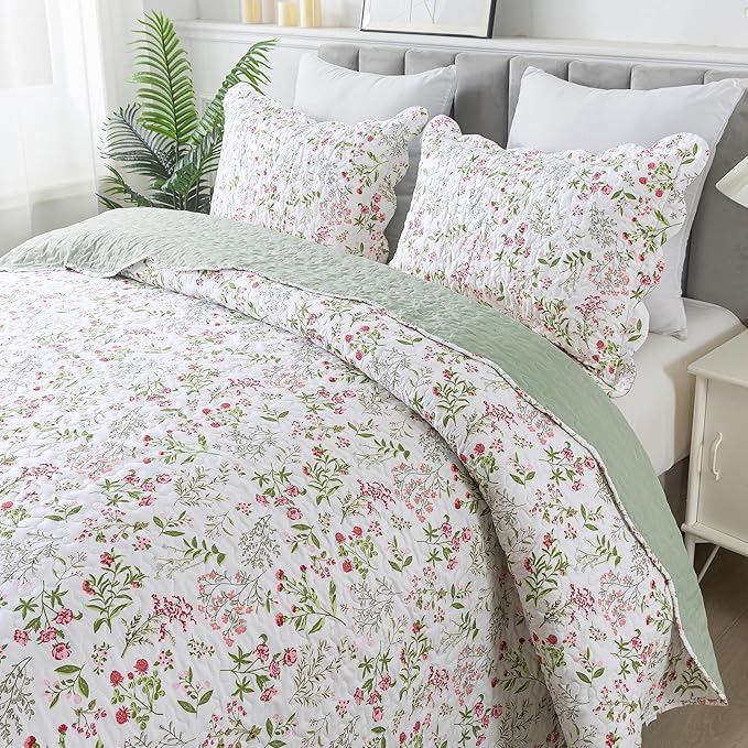 HoneiLife Floral Quilt King Size - 3 Pieces Microfiber Quilt Sets Lightweight Bedspreads Wildflower Coverlets Nature Bed Cover King Quilt Bedding Set All Season Quilts