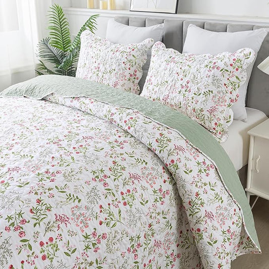 HoneiLife Floral Quilt King Size - 3 Pieces Microfiber Quilt Sets Lightweight Bedspreads Wildflower Coverlets Nature Bed Cover King Quilt Bedding Set All Season Quilts
