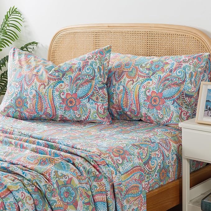 Zusbest California King Floral Sheets 100% Cotton Pink Green Paisley Bed Sheet Set Watercolor Bedding Luxury Soft Breathable Crispy Cooling Percale Sheets 17.5'' Deep Pocket Sheets Cal King, 4 Pieces