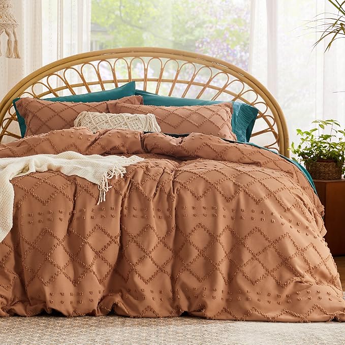 Bedsure Boho Duvet Cover Queen Size,Burnt Orange Breathable & Soft Boho Bedding,Machine Washable Comforter Cover for All Seasons, Includes 1 Duvet Cover 90"x90" with 2 Pillow Shams & Zipper Closure