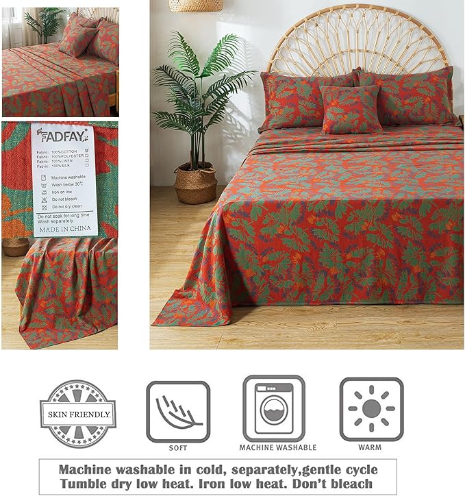 FADFAY Floral Sheets Set King Vintage Red Green Floral Bedding Shabby Maple Leaf Farmhouse Bedding Super Soft Washed Double -Layer Muslin Sheets 100% Cotton Deep Pocket Fitted Sheet 4Pcs, King Size