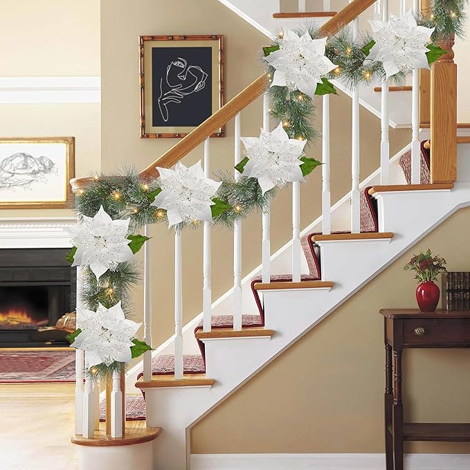 10" Poinsettia Flower Artificial for Christmas Tree Decor, 3 Pcs Faux Glitter Poinsettias Stems for DIY Xmas Wreath & Garland, Christmas Ornaments for Home Party, Holiday & Wedding Decorations, White