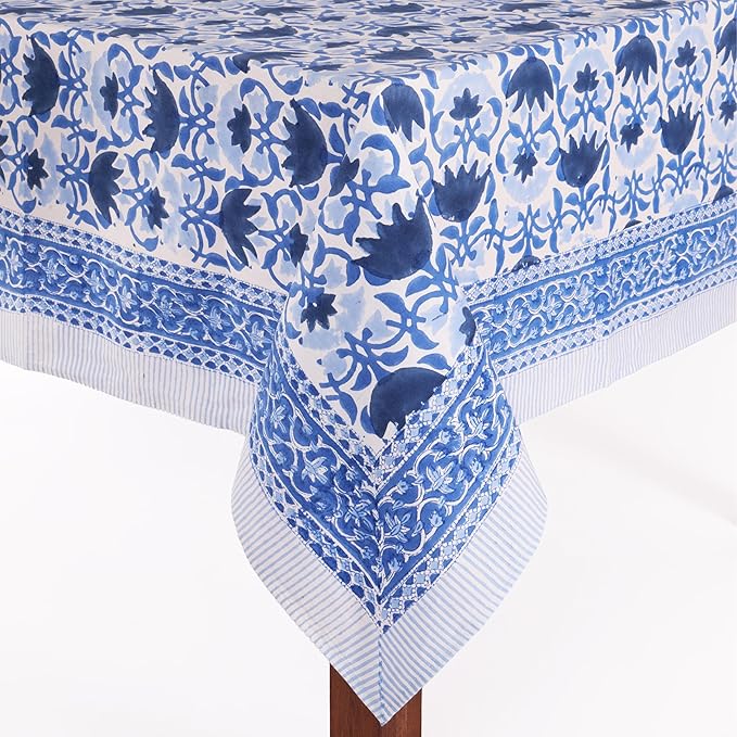 ATOSII Positano Blue 100% Cotton Rectangle Fall Tablecloth, Handblock Floral Linen Table Cloth for Kitchen Dining Table I Parties Wedding Christmas Thanksgiving I Fall Decor 60 X 108 Inches I 8 Seater
