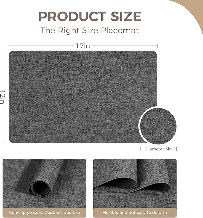 Vinyl Placemats Set of 4, Faux Leather Waterproof and Heat Resistant Place Mats, Washable Anti-Slip Table Mats with Coaster, Wipeable Placemats for Indoor & Outdoor 17" x 12" (Black, Set of 4)