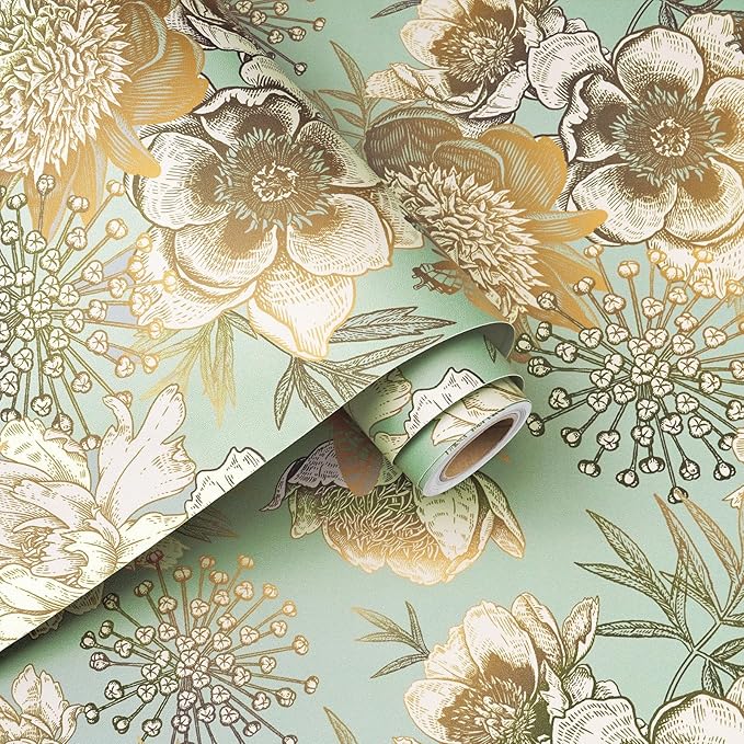 Decotalk Green Floral Wallpaper Floral Peel and Stick Vintage Flowers Wall Paper for Bedroom Bathroom 17.5"x120" Green/Gold Wall Paper Florals Flower Bird Wallpaper Removable Flower Cover Vinyl