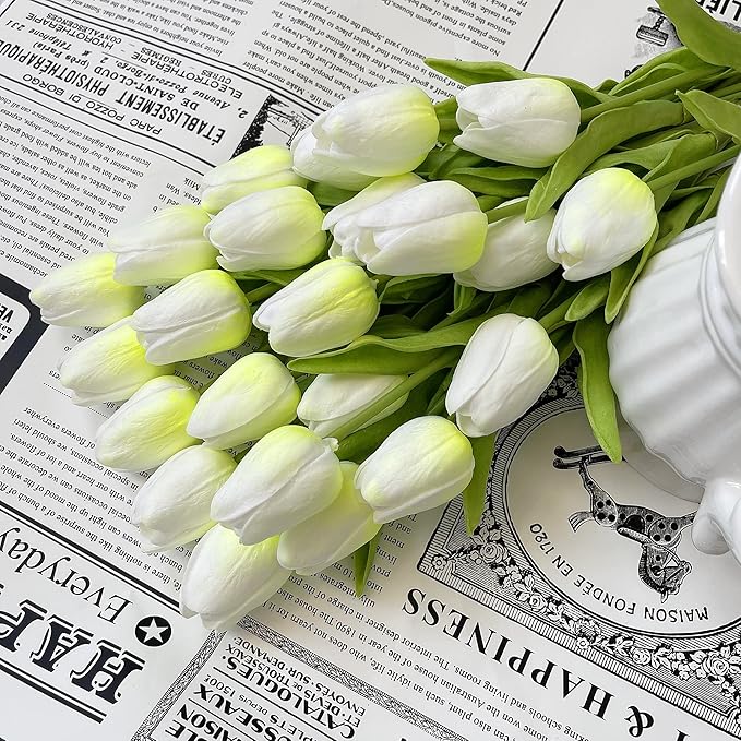 UKELER 24 Pcs Tulip Artificial Flowers White&Green Real Touch PU Tulip Flowers for Floral Arrangement Centerpiece Wedding Bouquet Table Decoration Birthday Mother Gift