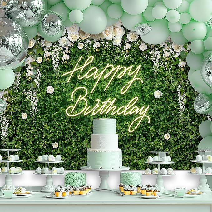 Riyidecor Green Leaves Birthday Backdrop Polyester Fabric for Women Flower Wall 8Wx6H Feet White Rose Floral Elegant Happy Birthday for Girls Photography Background Birthday Party Photo Studio Shoot
