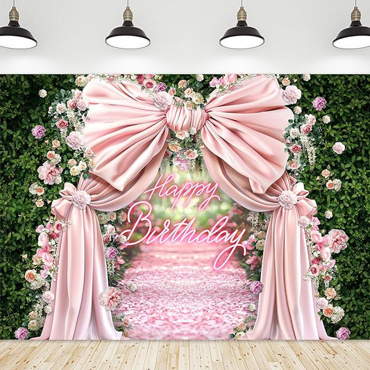 Riyidecor Happy Birthday Backdrop Polyester Fabric Pink Bow Floral Green Leaves Botanical Plant Nature Blossom Neon Flower Wall 7Wx5H Feet Girls Photography Background Birthday Photo Studio Shoot