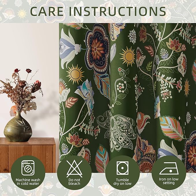 XiDi Green Floral Curtains 63 Inches Long 2 Panels Vintage Patterned Blackout Curtains for Bedroom Living Room Thermal Insulated Grommet Luxury Cottage Core Botanical Printed Drapes Moss Green 52x63
