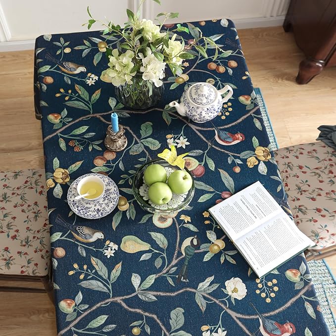 Linen Table Cloth Rectangle,Wrinkle Resistant French Blue Tablecloth Print with Froal,Decor Stitch Table Cloth for Thanksgiving,Dining Room,Home,Kitchen 63" × 102"-DeweyA Blue