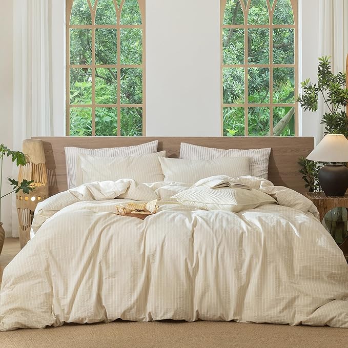 MooMee Striped Duvet Cover Set 100% Washed Cotton Linen Like Textured Breathable Durable Soft Comfy (Almond Milk Grey White Wide Stripes, Alaska King 132"x120")