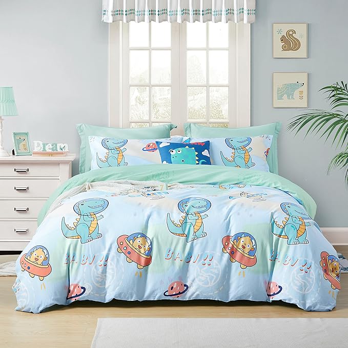 SAPHREAS Cartoon Dinosaur Kids Duvet Cover Set Queen Size 4pcs with Fitted Sheet 100% Cotton Children Bedding Comforter Cover Set, Comforter Not Included