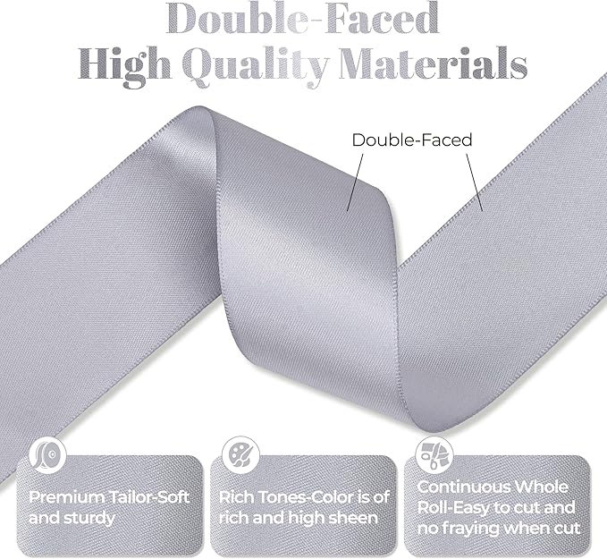 Gray Satin Ribbon, Double Faced 1-1/2 Inch X 25 Yards Gray Ribbon, Premium Satin Ribbon for Gift Wrapping, Crafts, Hair Bow Making, Sewing, Flower Bouquet, Wedding Party Decor