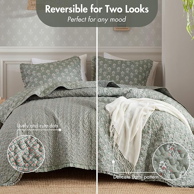 Madison Park Vintage Floral Quilt Set King Size, Reversible Bedding & Lightweight Bedspread Set, Traditional Block Print Coverlets with Ruffled Edge, 3-Piece with 2 Shams, Sage Green