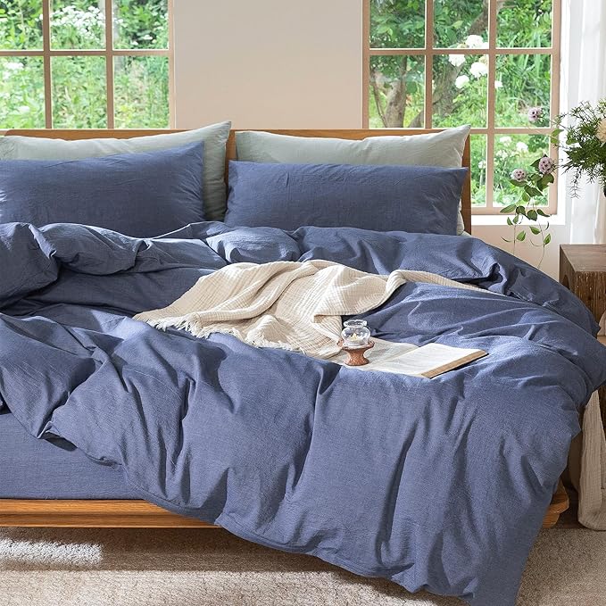 MooMee Bedding Duvet Cover Set 100% Washed Cotton Linen Like Textured Breathable Durable Soft Comfy (Heathered Blue, King 104"x90")