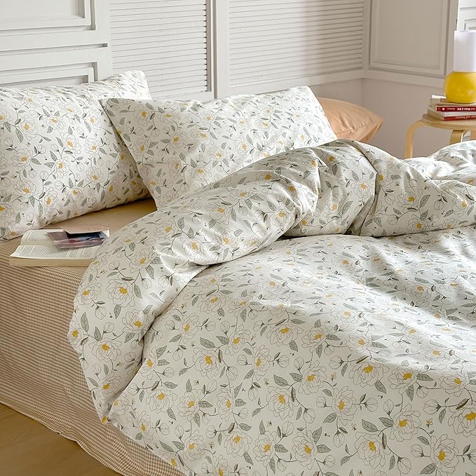 AOJIM Floral Printed Duvet Cover Set for Kids Adults, Super Soft 100% Cotton Comforter Cover Set 3pcs, 1 Aesthetic Quilt Cover King Size and 2 Matching Pillowcases for Room Decor, No Quilt