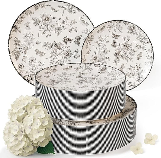 Trendables Plastic Plates For Party Supplies, Floral Disposable Plates For Party & Weddings 80 Pcs - 40 x 8 Dessert Plates & 40 x 10 Plastic Dinner Plates, Plate Set Disposable Dinnerware Sets