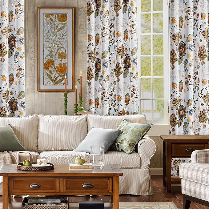 XiDi Vintage Floral Patterned Blackout Curtains 102 Inches Long 2 Panels for Bedroom Living Room Thermal Insulated Luxury Colorful Curtains Botanical Leaf Printed Design Grommet Drapes White 52x102