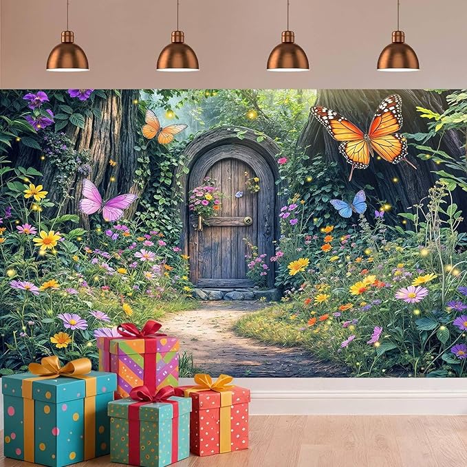 7X5ft Enchanted Forest Backdrop Fairy Enchanted Wonderland Garden Wooden Door Floral Butterfly Photography Background for Kids Girls Baby Shower Birthday Party Decoration Banner Booth Props